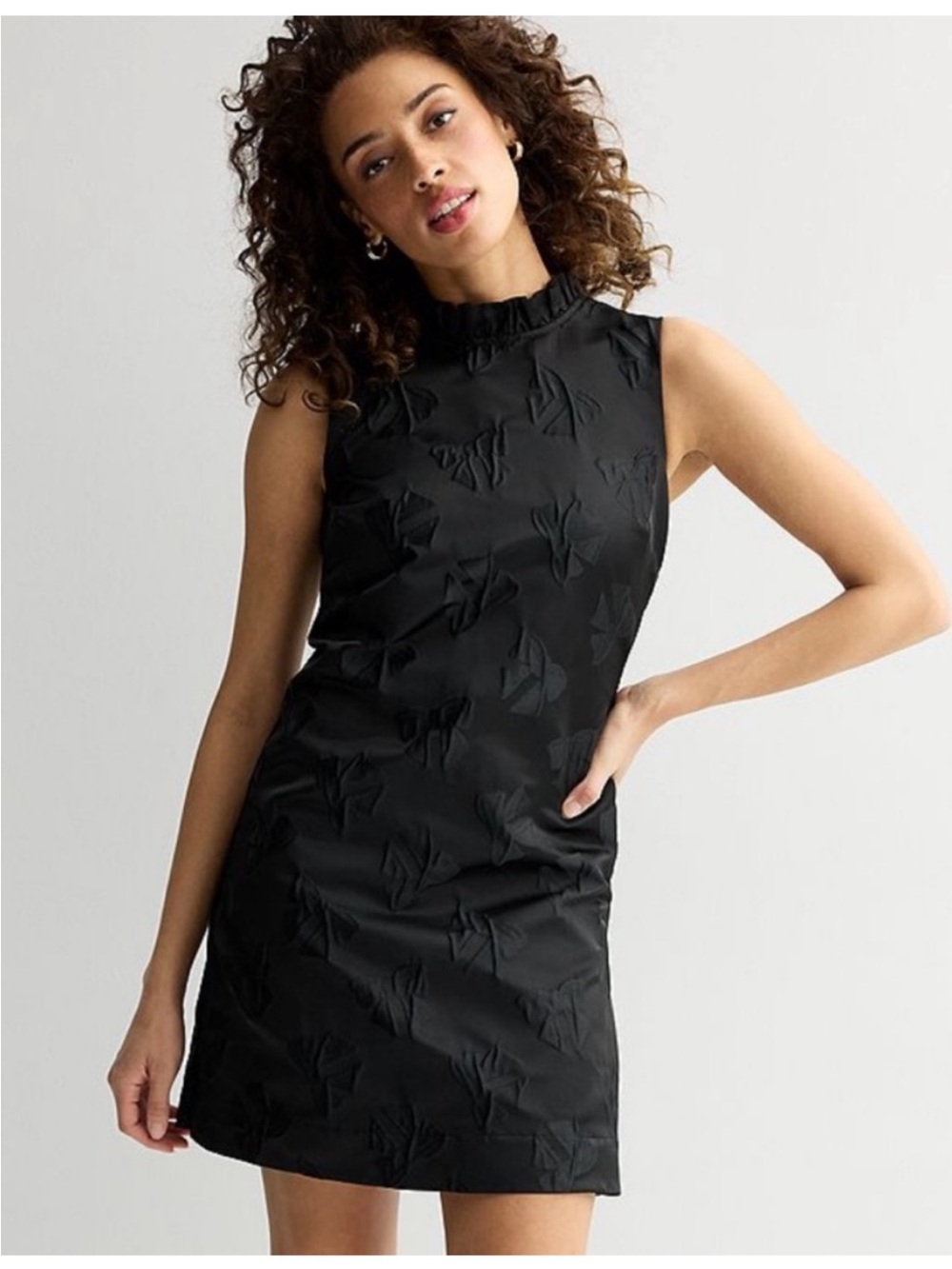 Draper James XS Black Bow Jacquard Ruffled Neck Textured Mini Dress mod retro